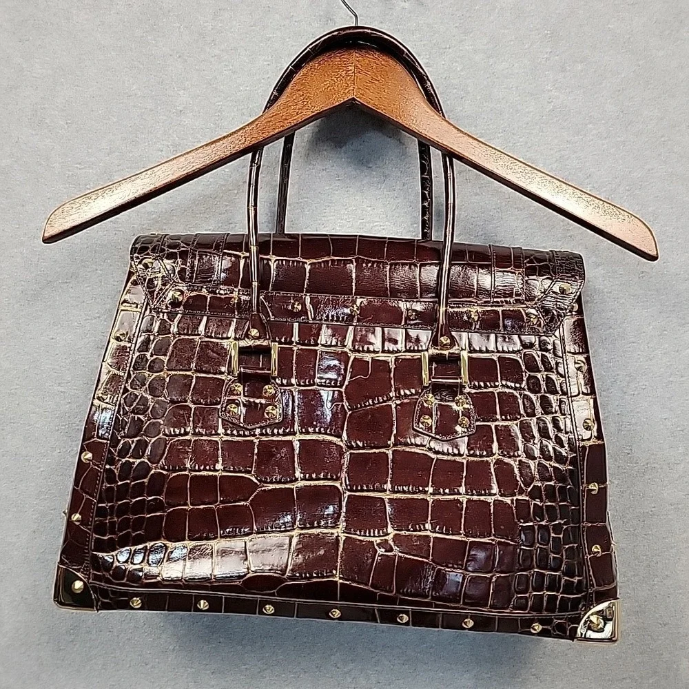Vintage NORDSTROM Large Croco Embossed Leather Purse Hand Bag‎ Wine Gold Studded